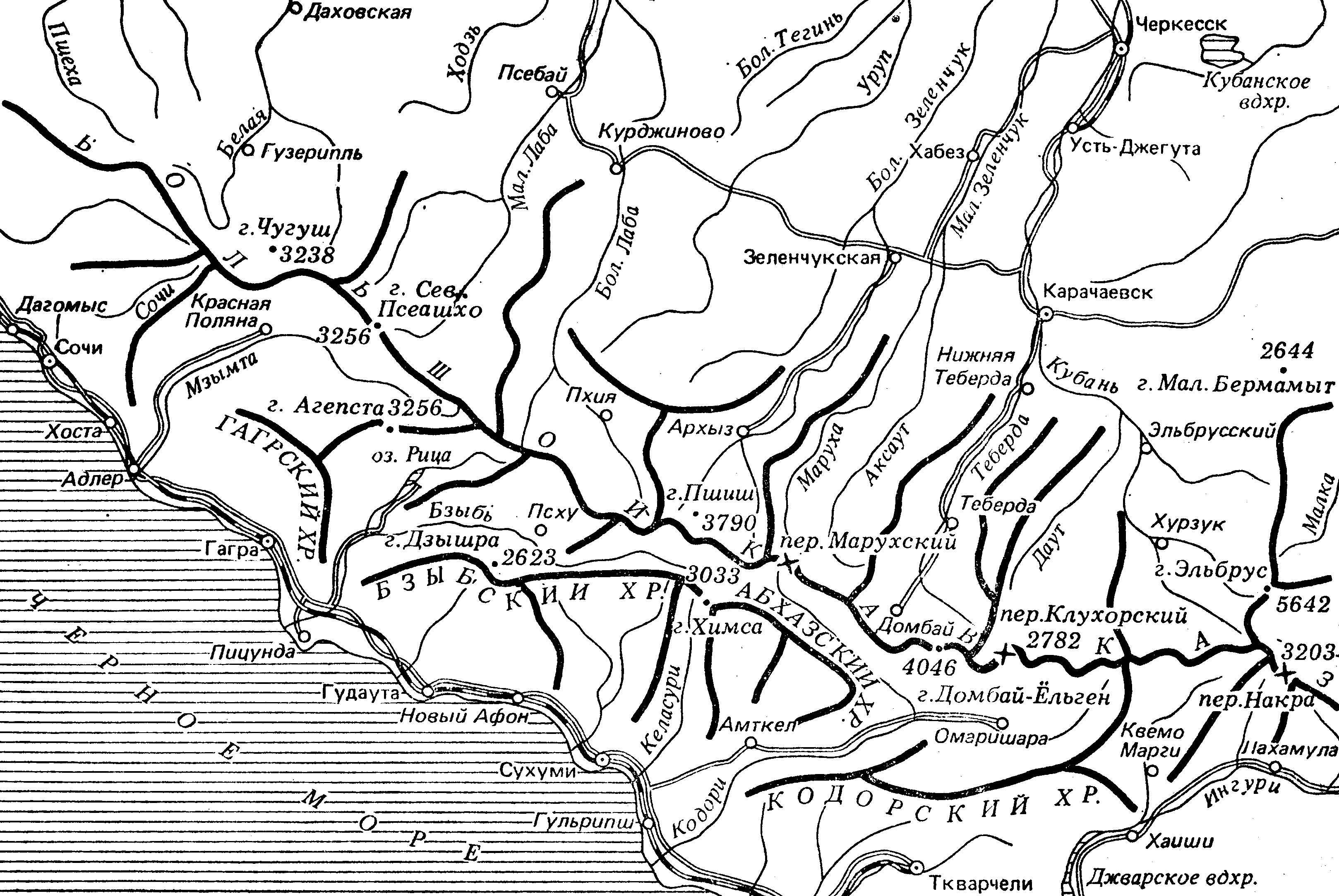 Обзорная карта-хребтовка Западного Кавказа (180К)